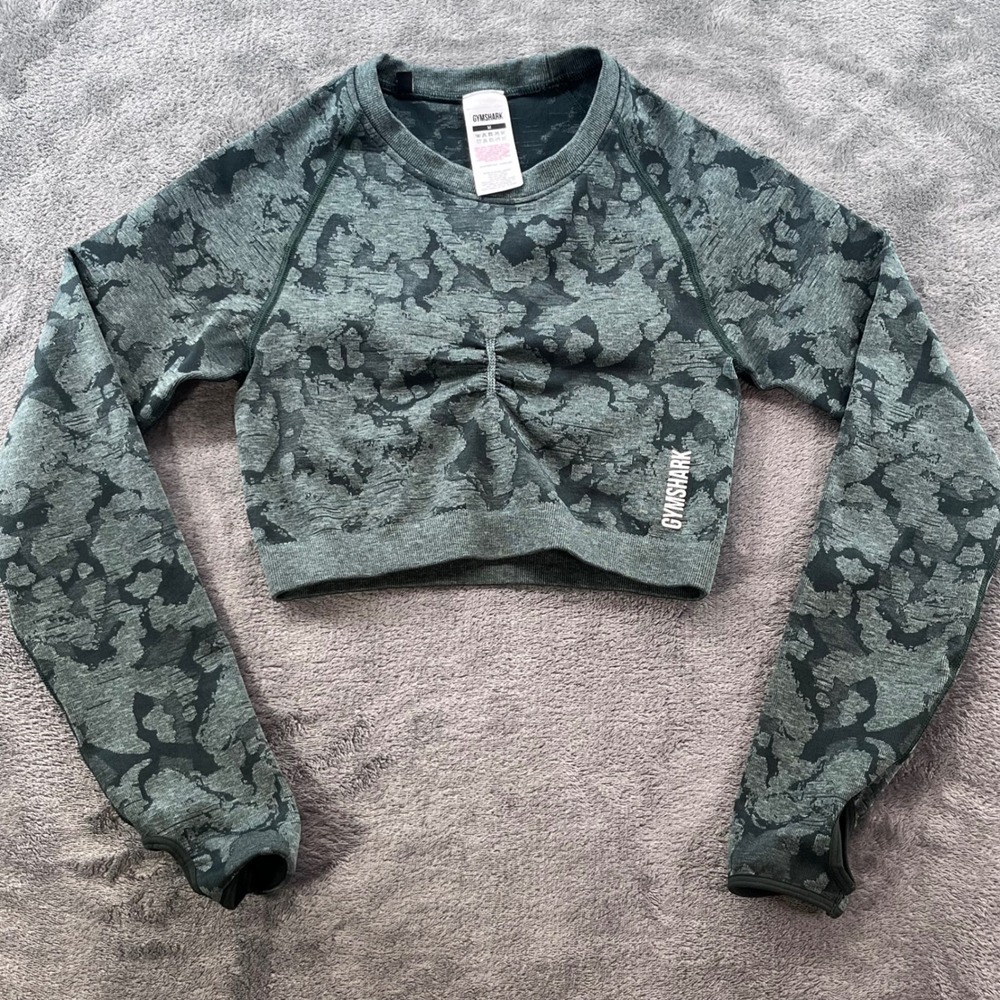 Gymshark‎ Adapt Camo Seamless Long Sleeve Crop Top Green Grey GLCT4297-OG M
